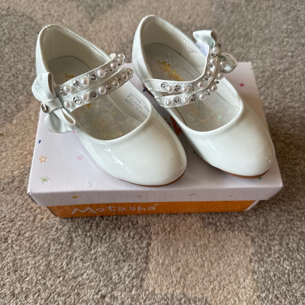 White Kids Shoes with Pearl Accents